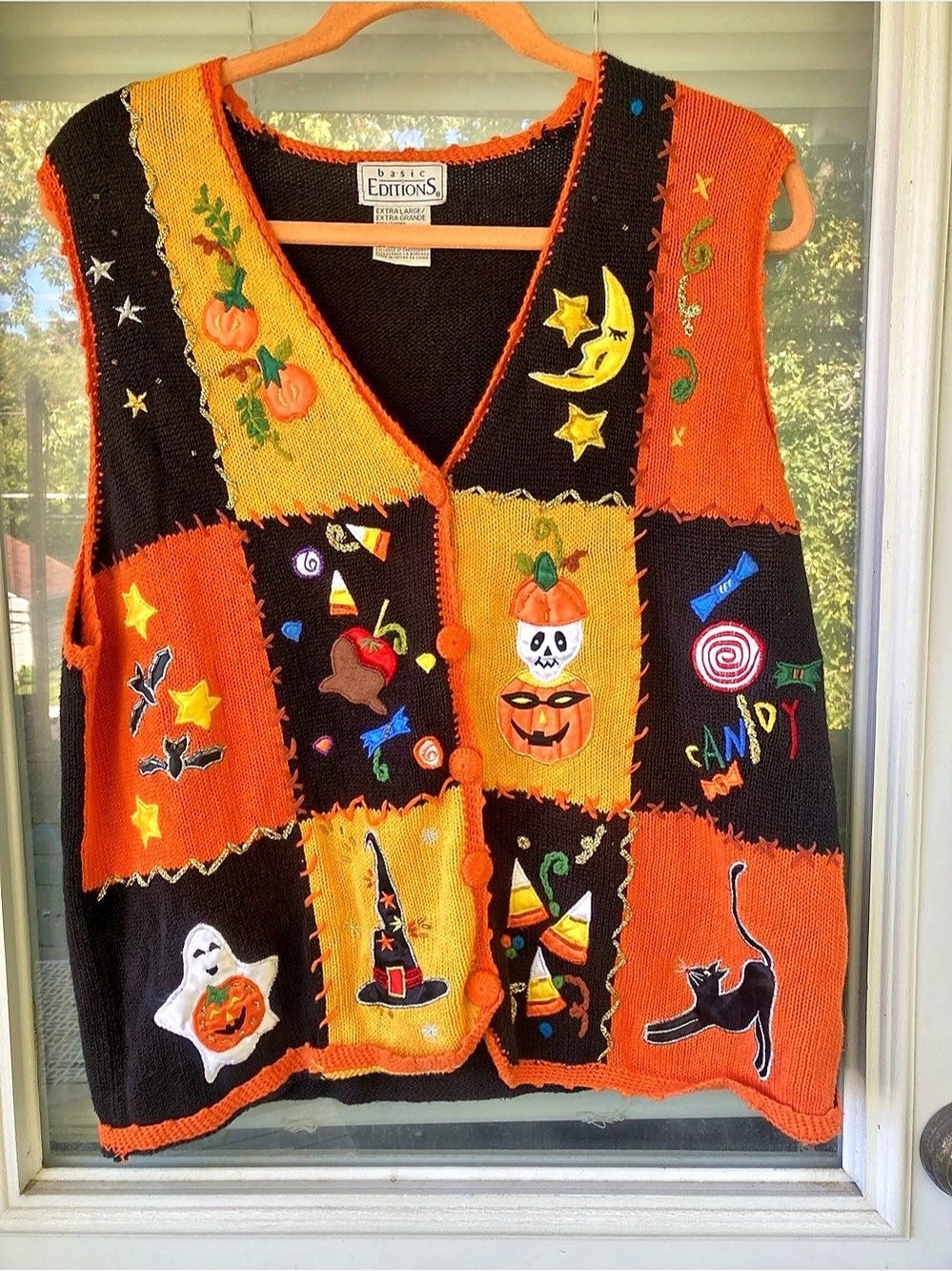 basic EDITIONS Halloween Patchwork Embroidered Button-Front Sweater Vest XL